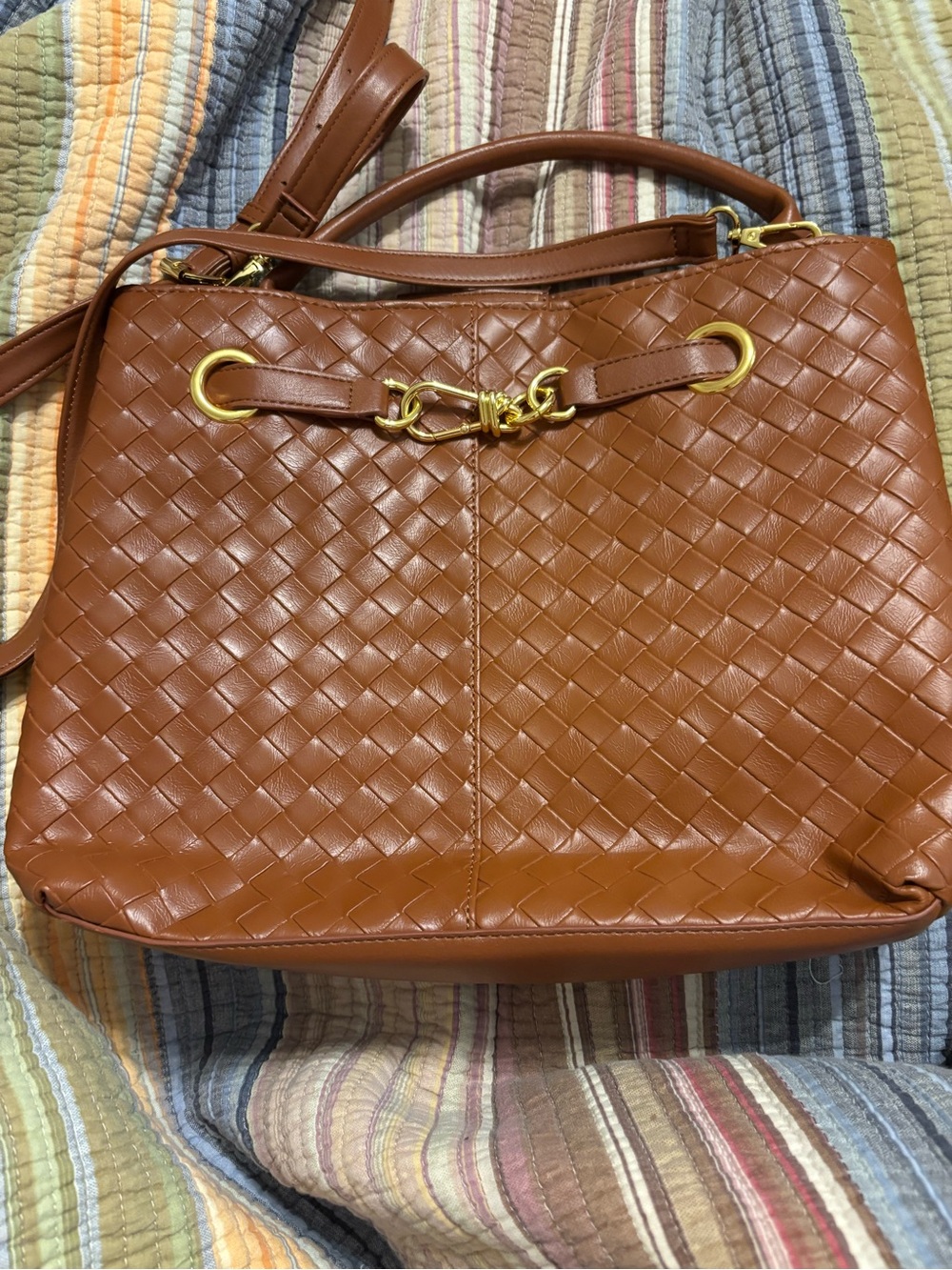 Woven Shoulder Bag in Cognac Brown with Gold Hardware